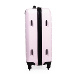 Pink suitcase with black accents on a white background