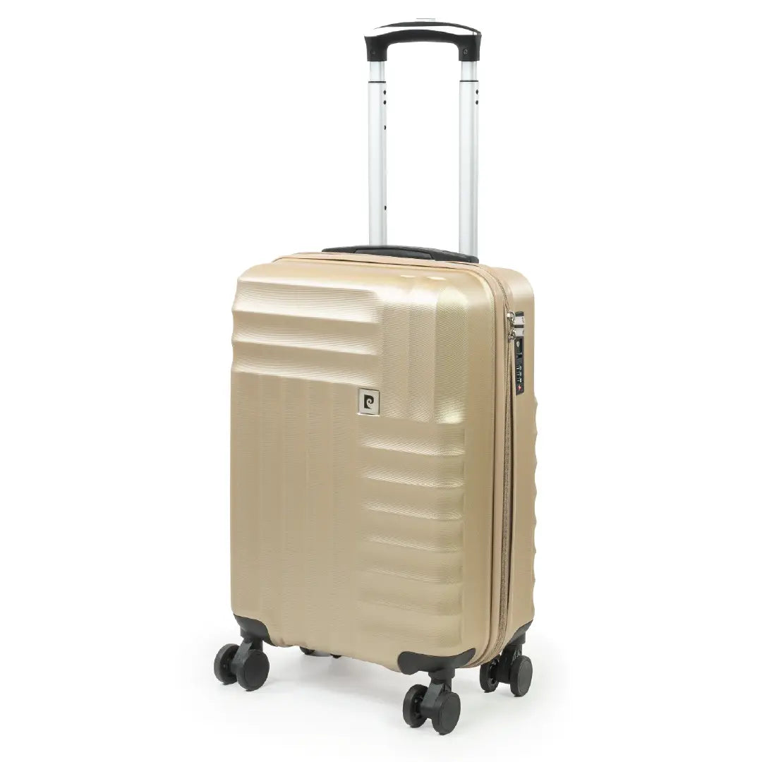 Beige suitcase with a handle on a white background