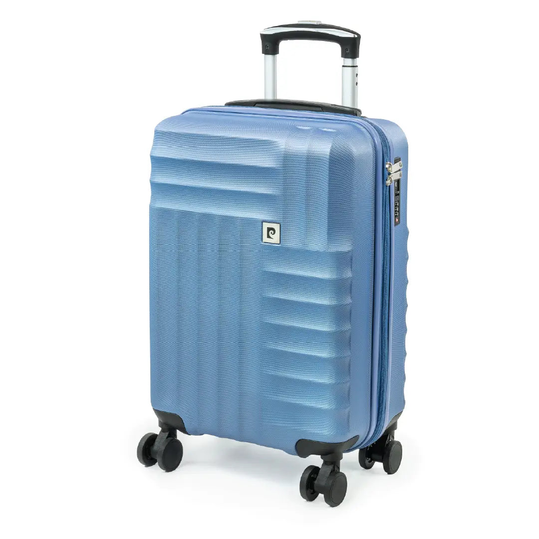 Blue suitcase with a visible brand logo on a white background