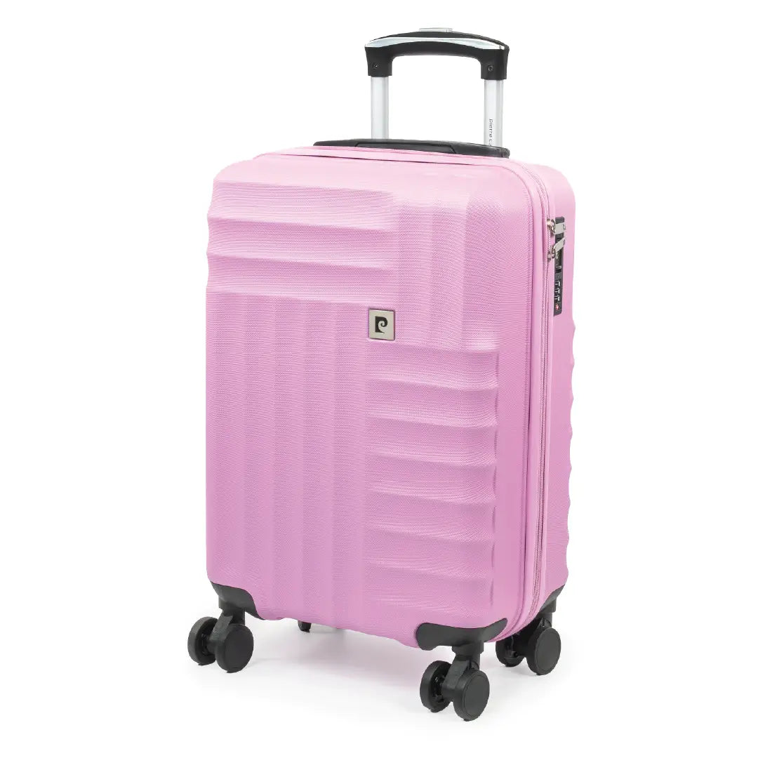 Pink suitcase with black wheels and handle on a white background