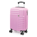 Pink suitcase with black wheels and handle on a white background