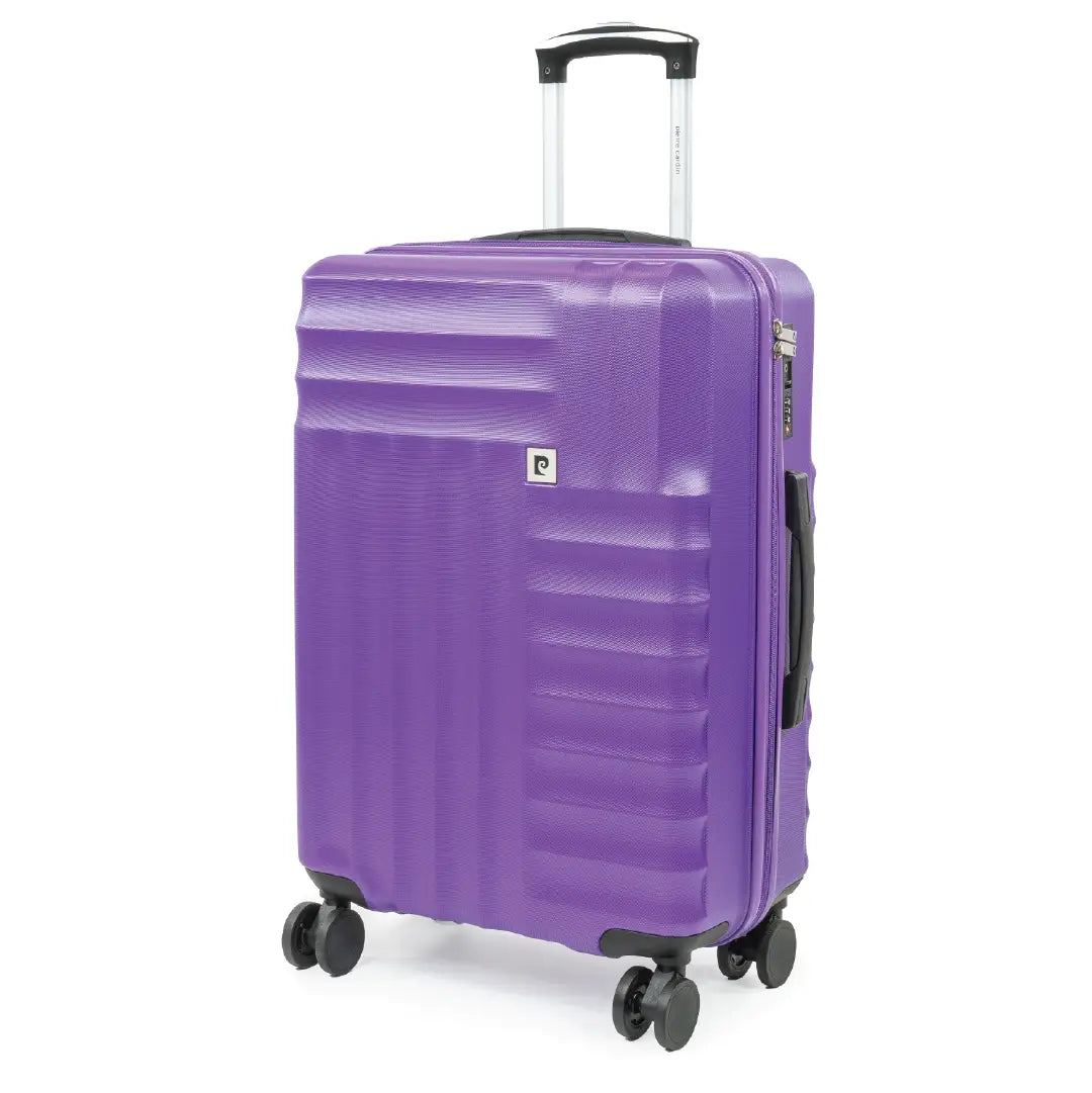 Purple suitcase with a visible brand logo on a white background
