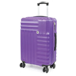 Purple suitcase with a visible brand logo on a white background