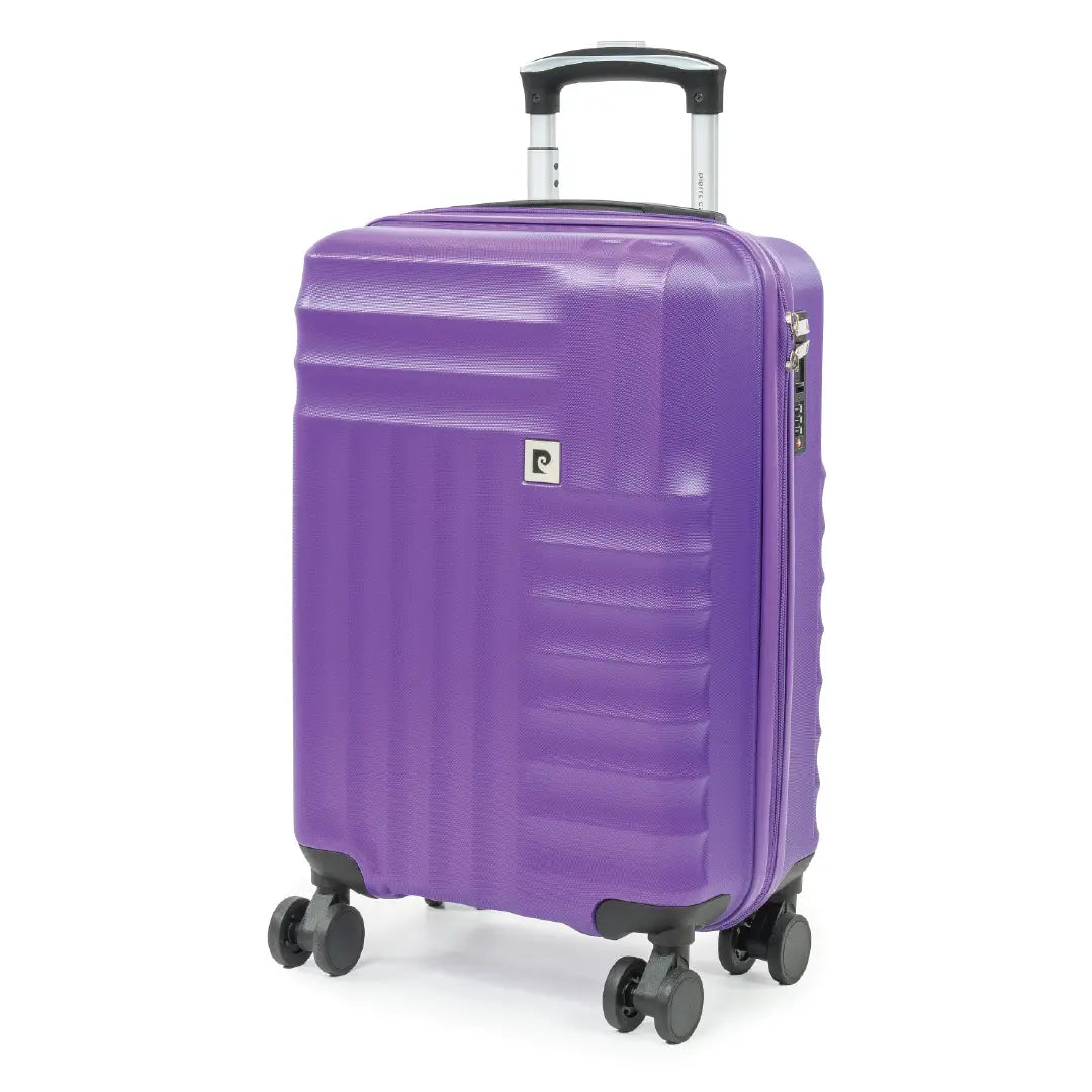 Purple suitcase with a visible brand logo on a white background