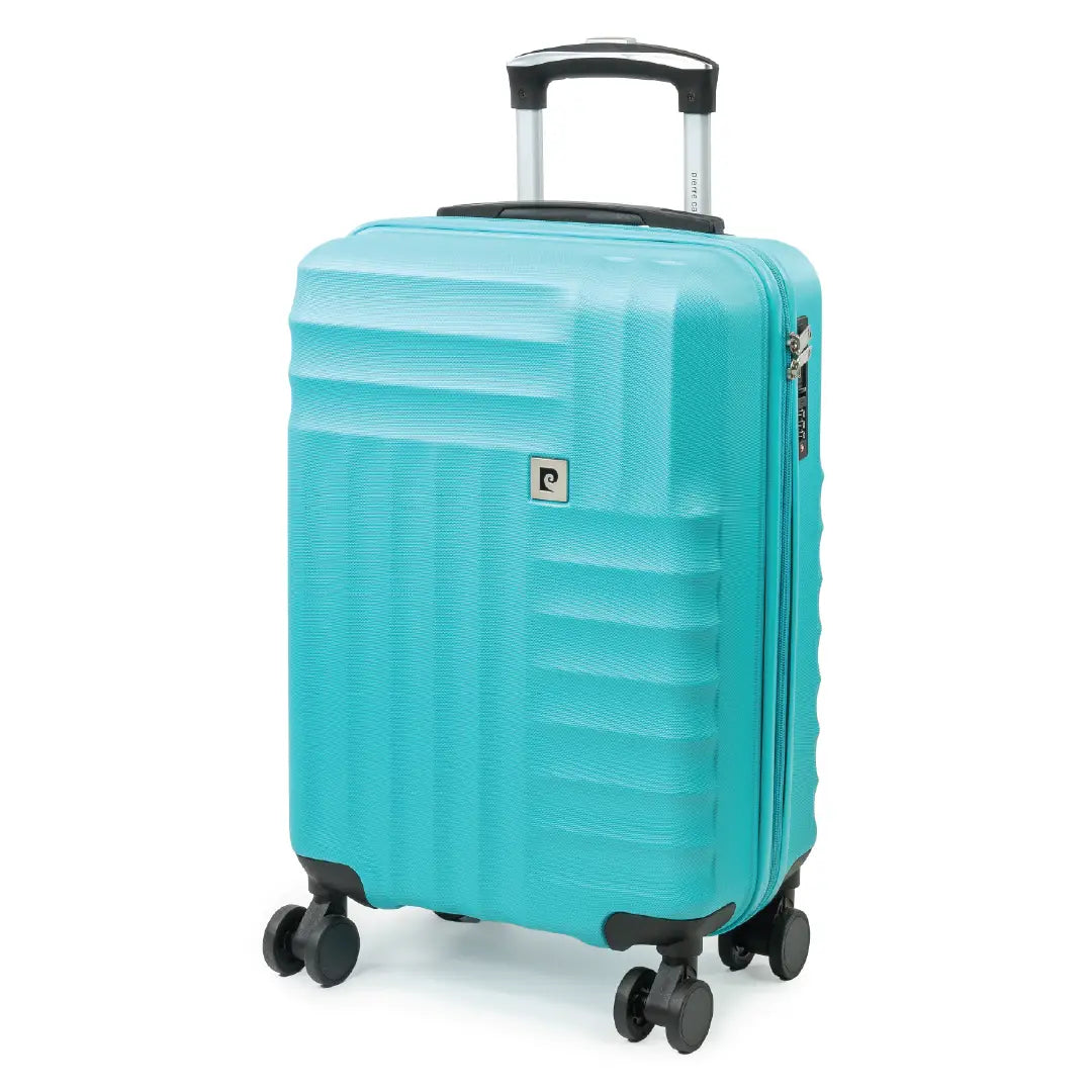 Turquoise suitcase with a visible brand logo on a white background