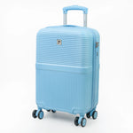 Light blue suitcase with a visible brand logo on a white background