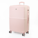 Pink suitcase with a textured surface on a white background
