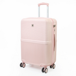 Pink suitcase with a striped pattern on a white background