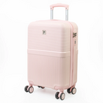 Pink suitcase with wheels on a white background