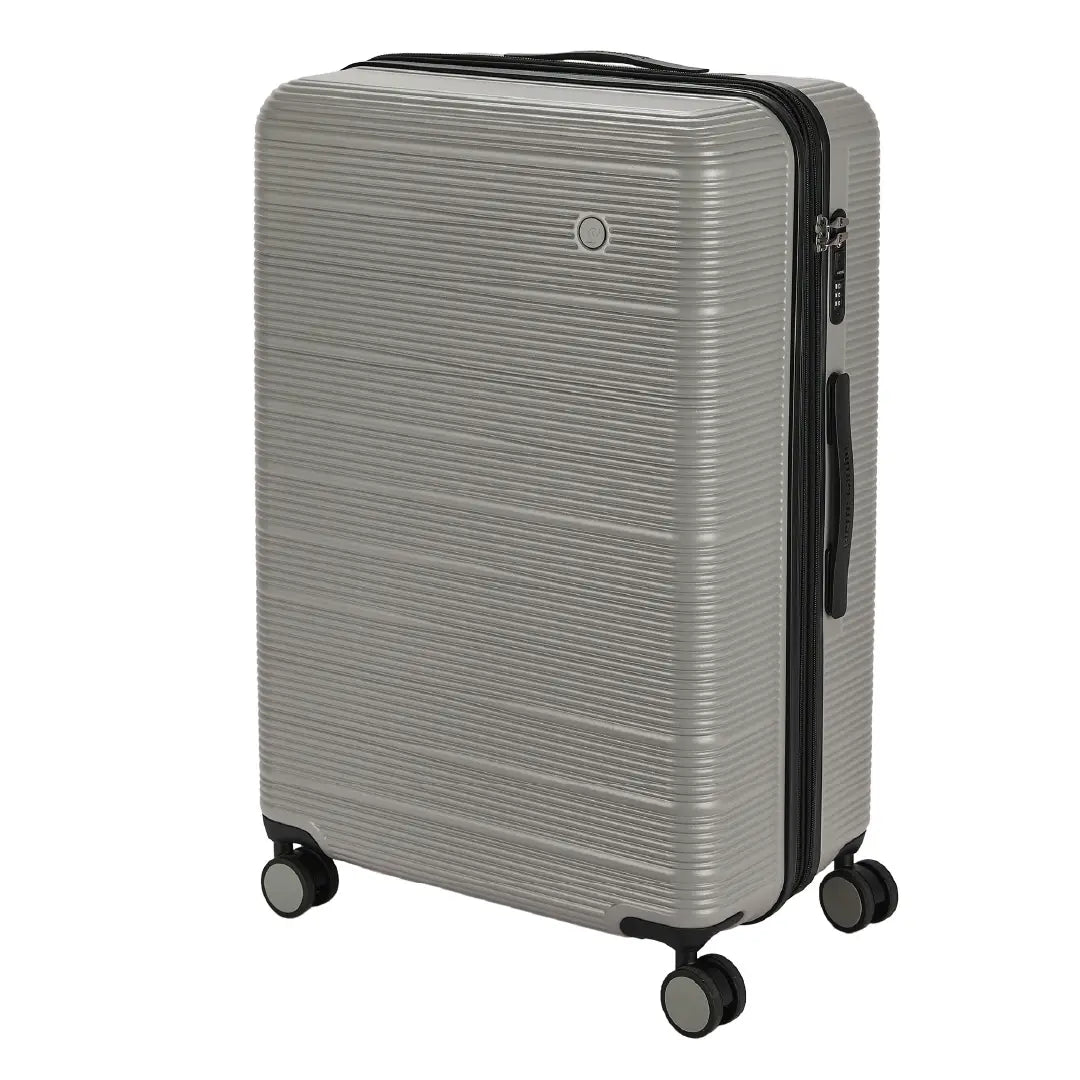 Gray suitcase with black handle and wheels on a white background