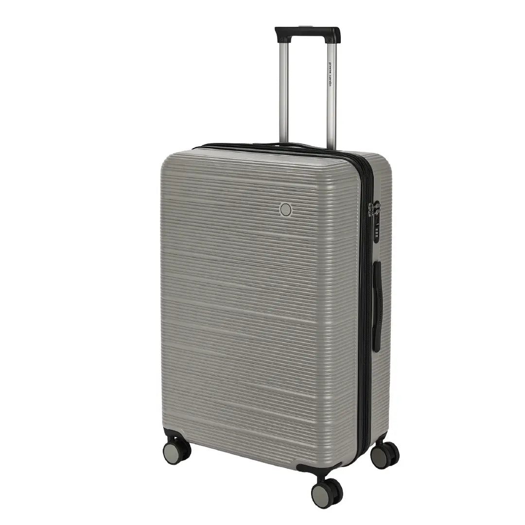 Gray suitcase with black handle and wheels on a white background