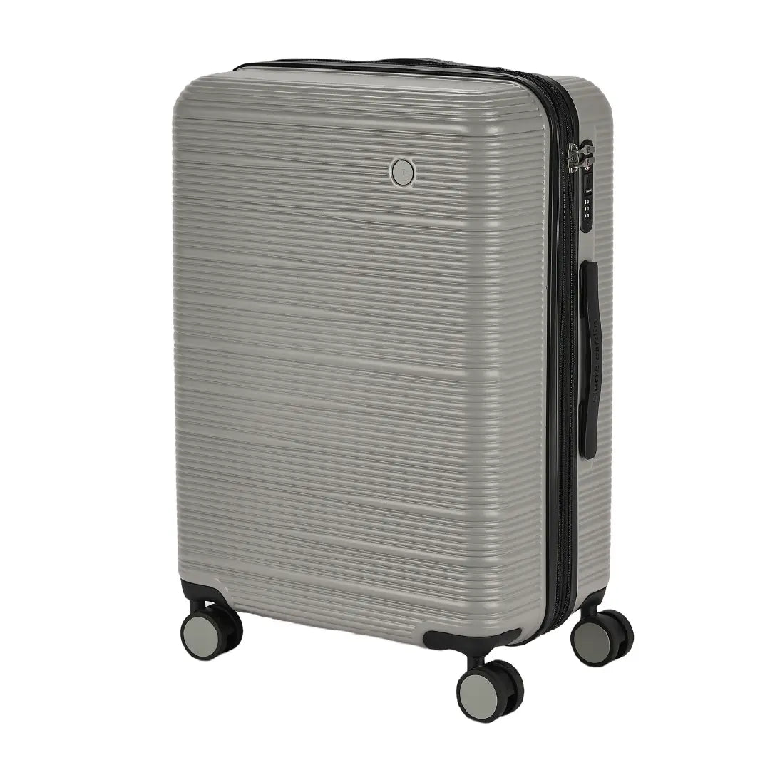 Gray suitcase with black handle and wheels on a white background