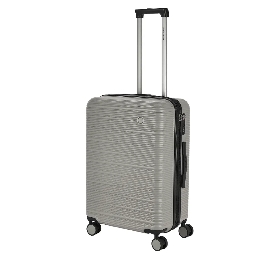 Gray suitcase with a handle and wheels on a white background