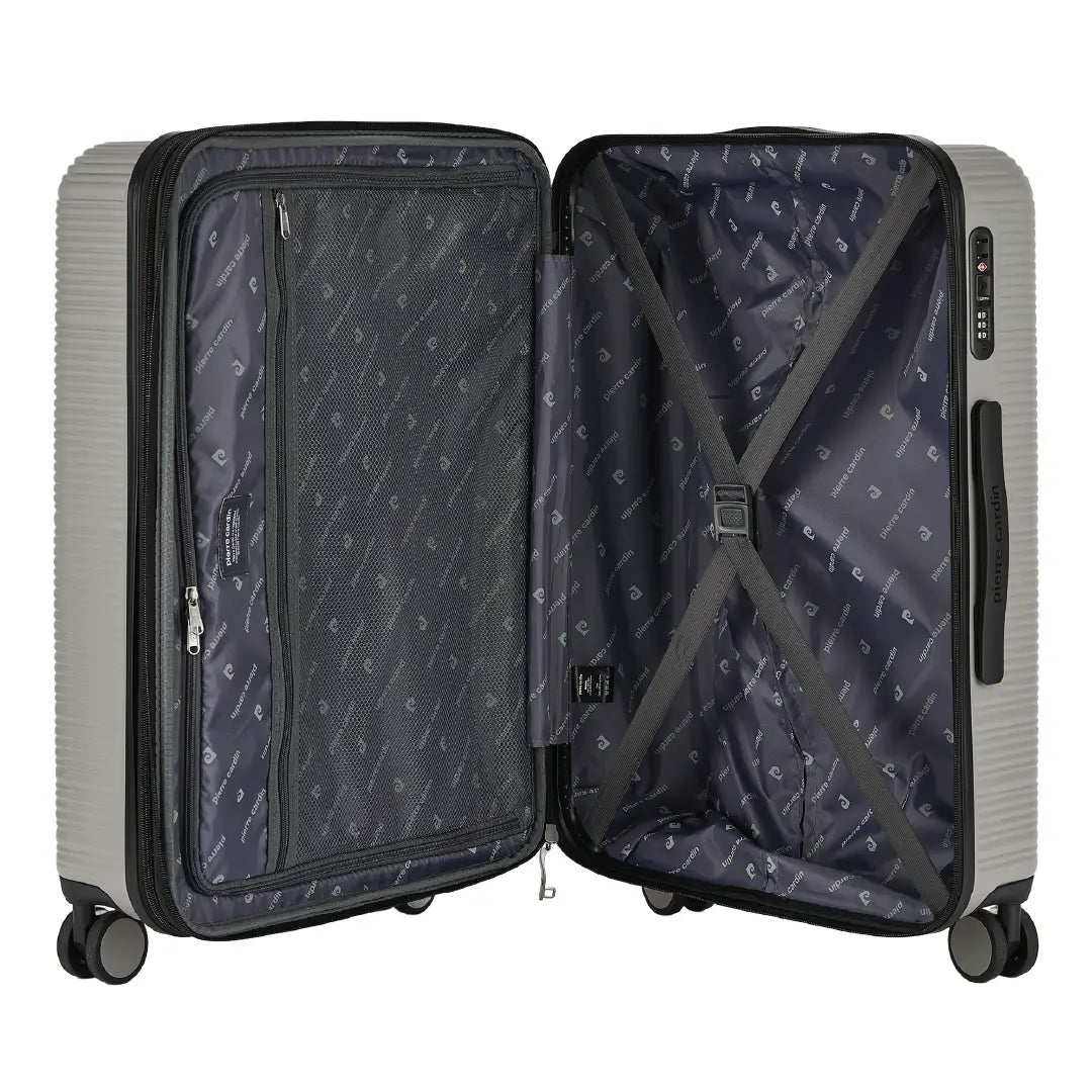 Open gray suitcase with patterned interior on a white background