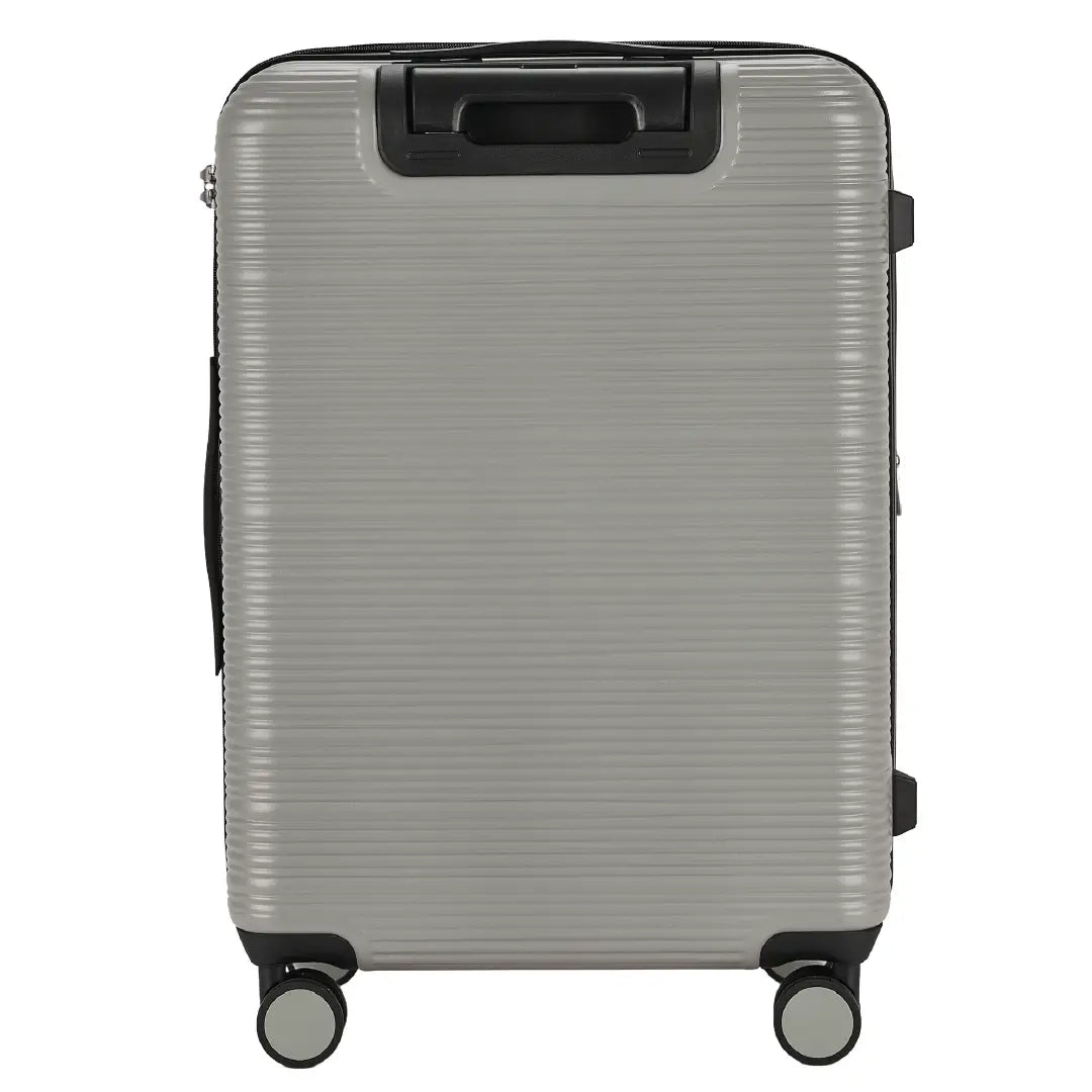 Silver suitcase with black wheels and handle on a white background