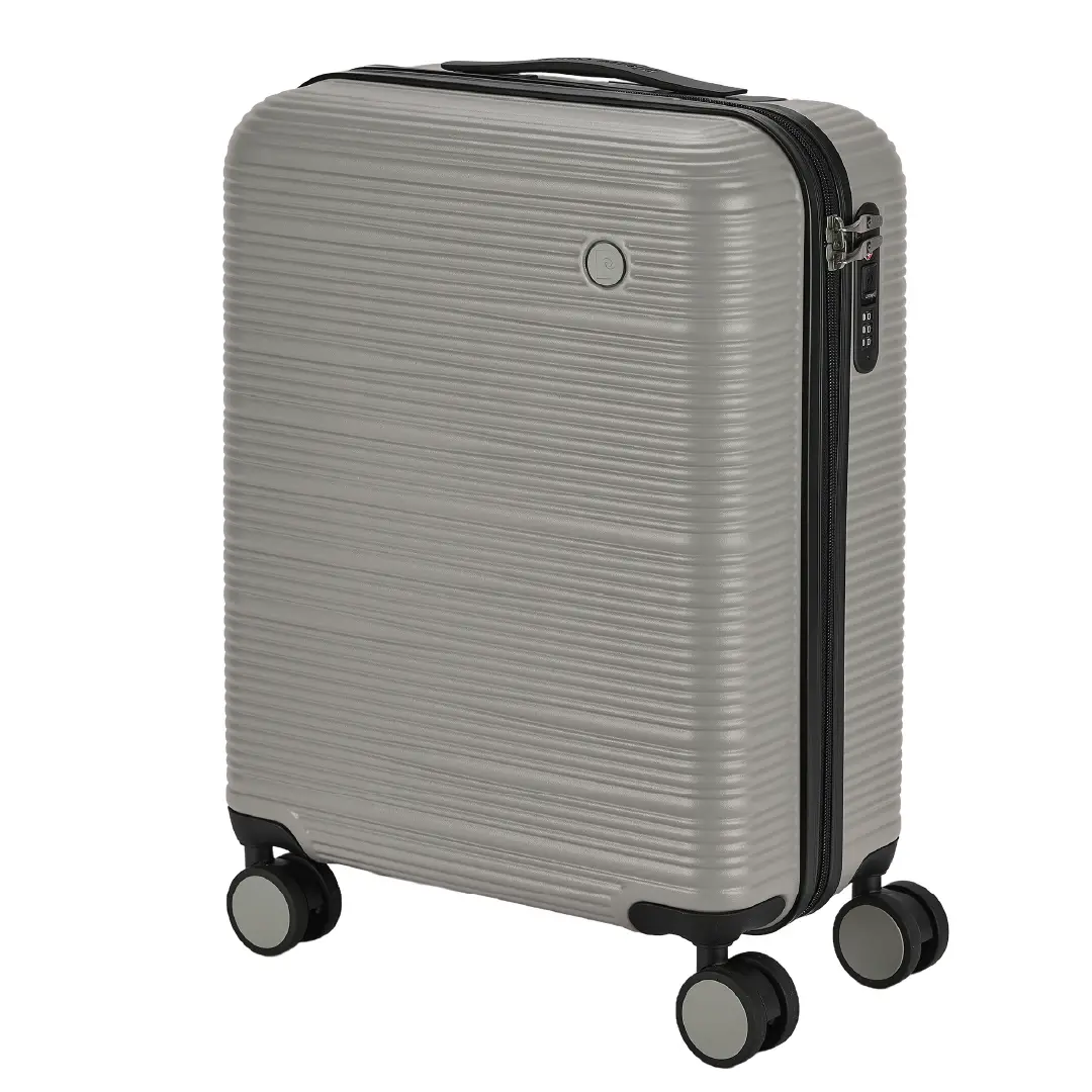 Gray suitcase with black handle and wheels on a white background