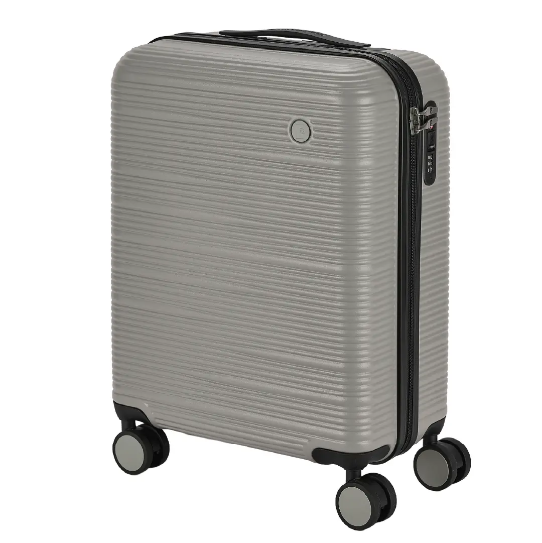 Gray suitcase with black handle and wheels on a white background