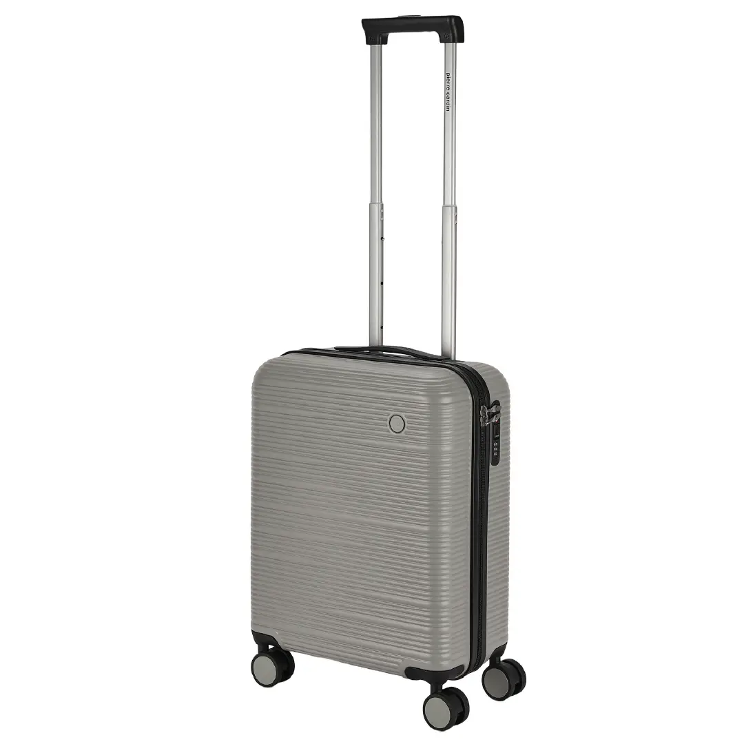 Gray suitcase with a black handle on a white background
