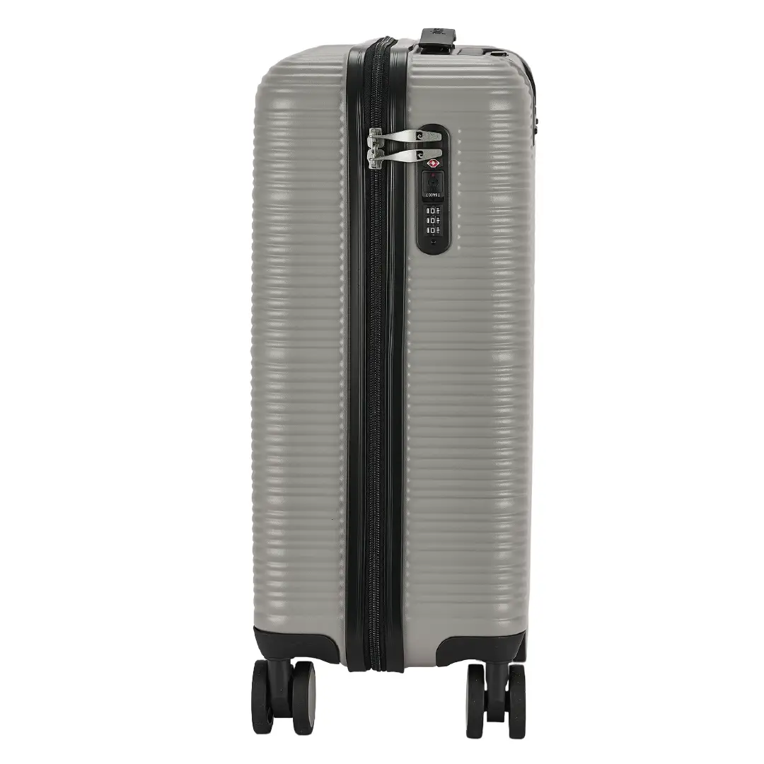 Silver suitcase with black accents on a white background