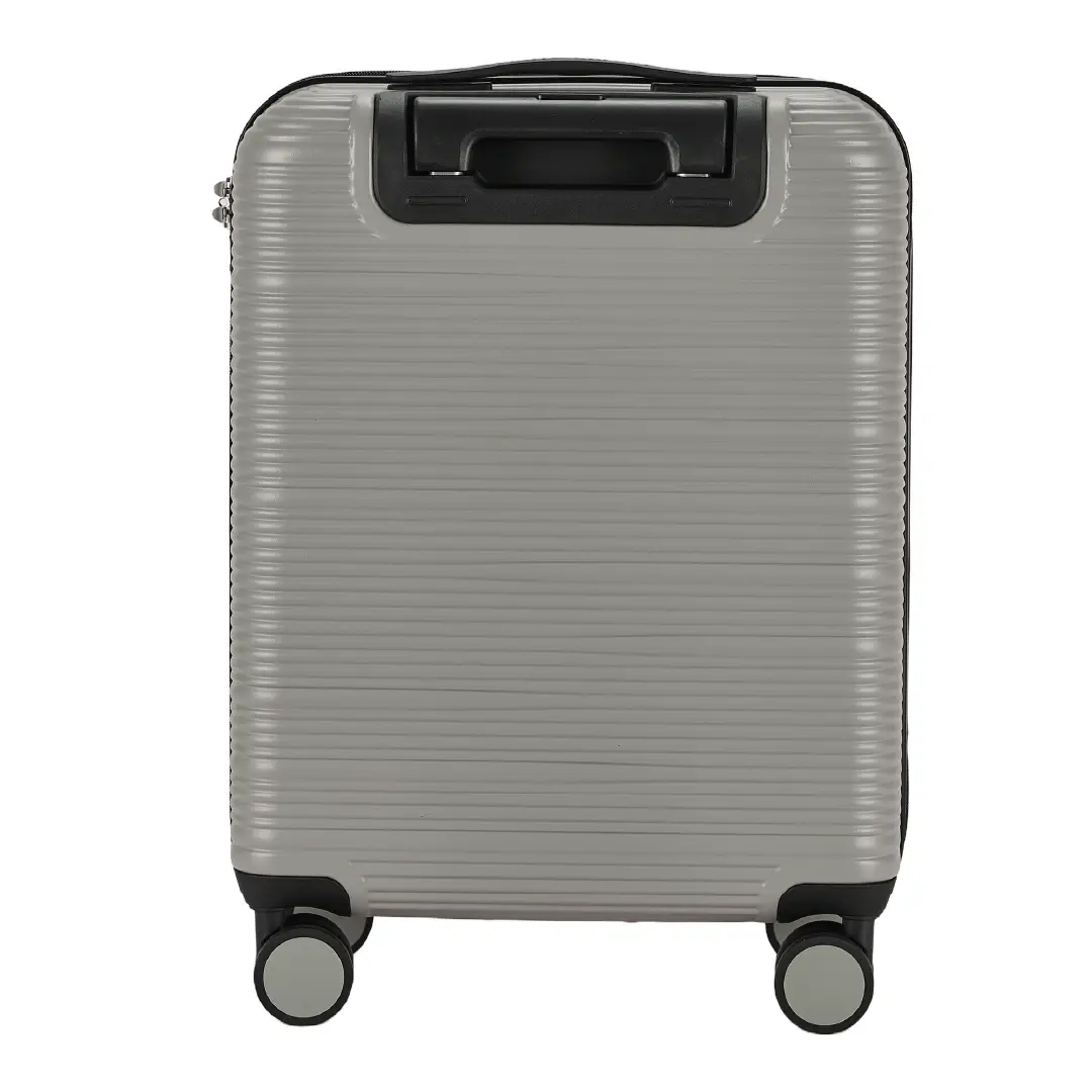 Gray suitcase with a black handle on a white background