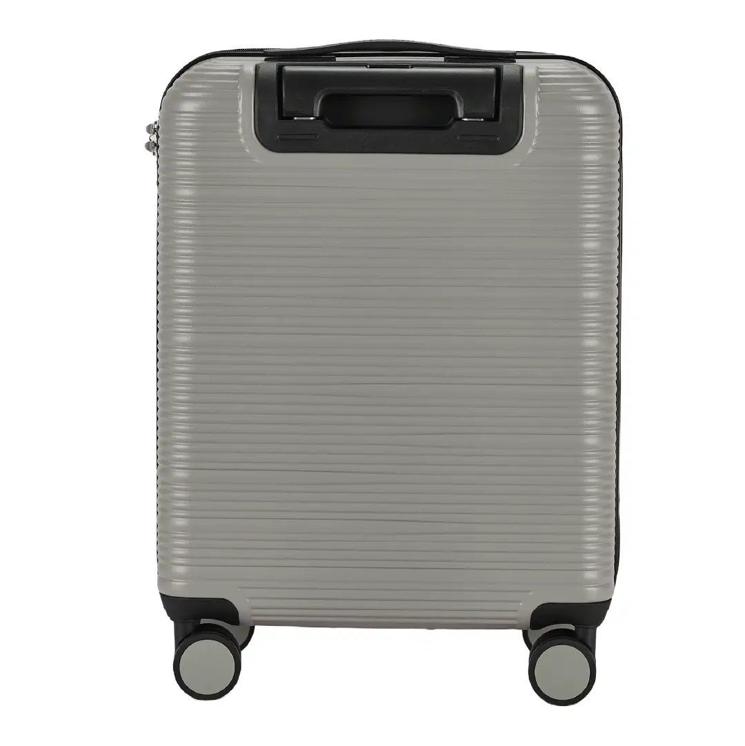 Gray suitcase with a black handle on a white background