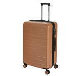 Brown suitcase with black handle and wheels on a white background