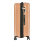 Tan suitcase with black zipper and wheels on a white background