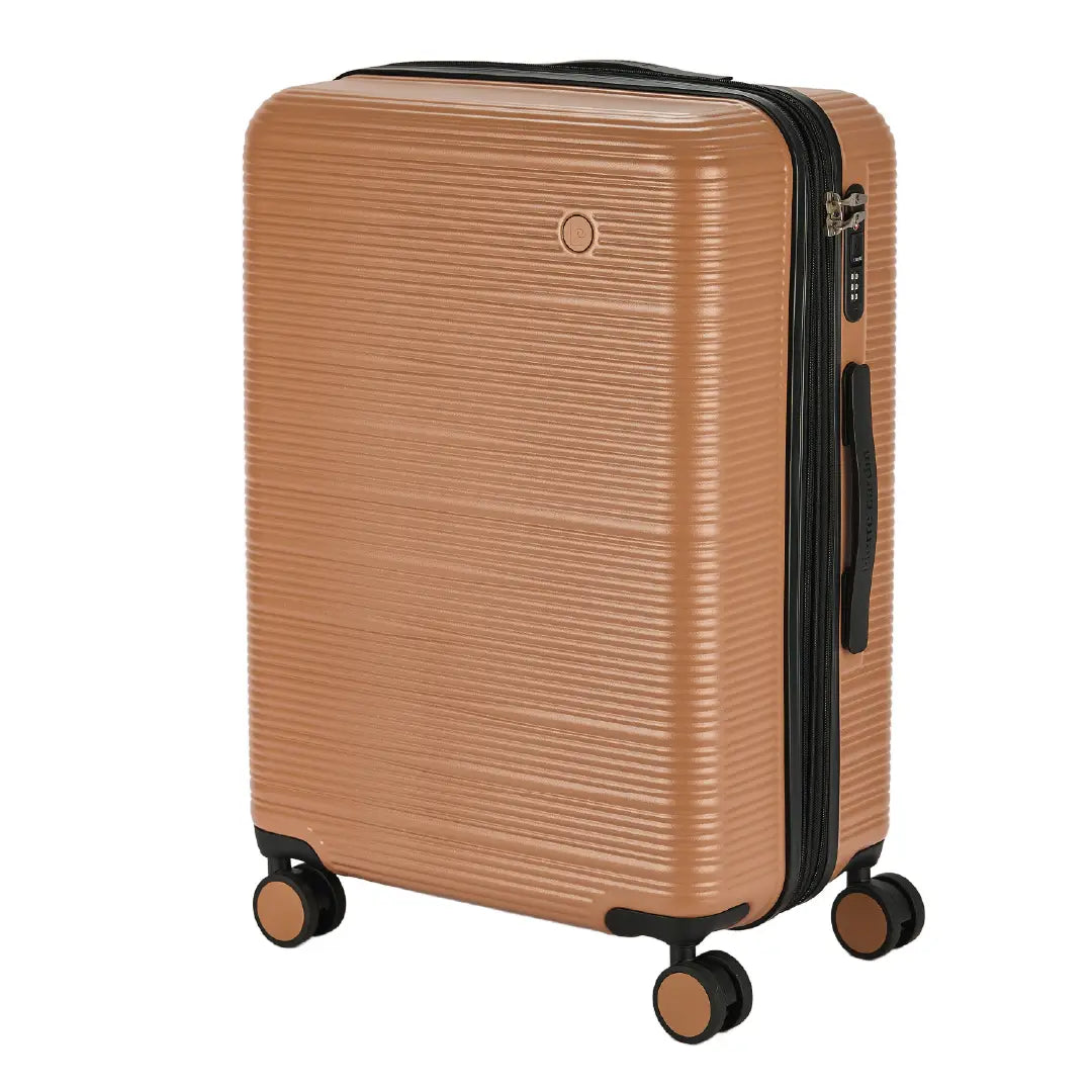 Brown suitcase with black handle and wheels on a white background