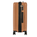 Brown suitcase with black handle and wheels on a white background