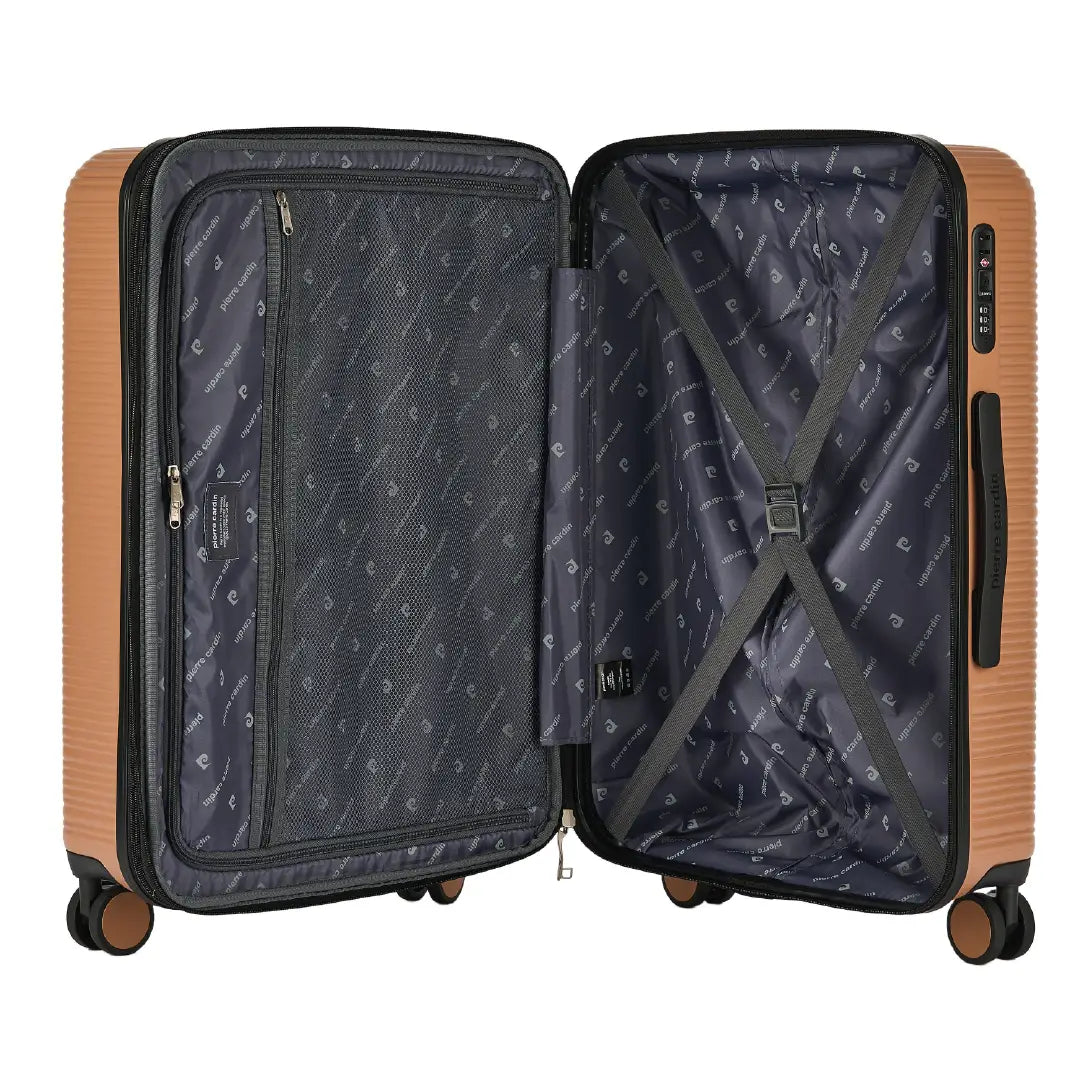Open suitcase with wooden exterior and dark interior on a white background