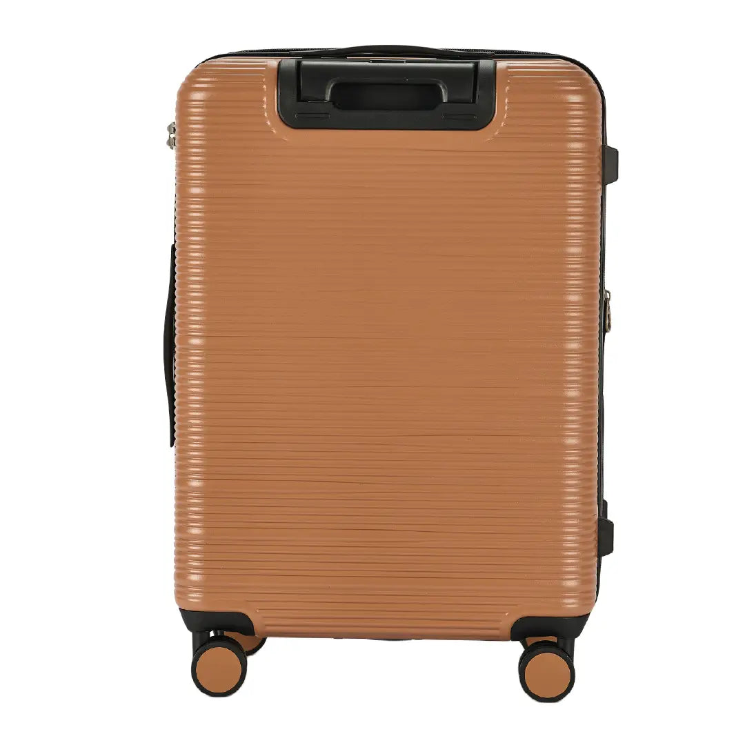 Brown suitcase with black handle and wheels on a white background