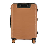 Brown suitcase with black handle and wheels on a white background
