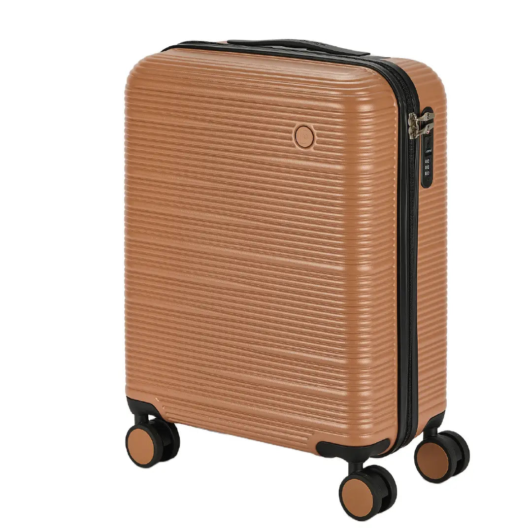 Brown textured suitcase with black handle and wheels on a white background