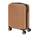 Brown textured suitcase with black handle and wheels on a white background