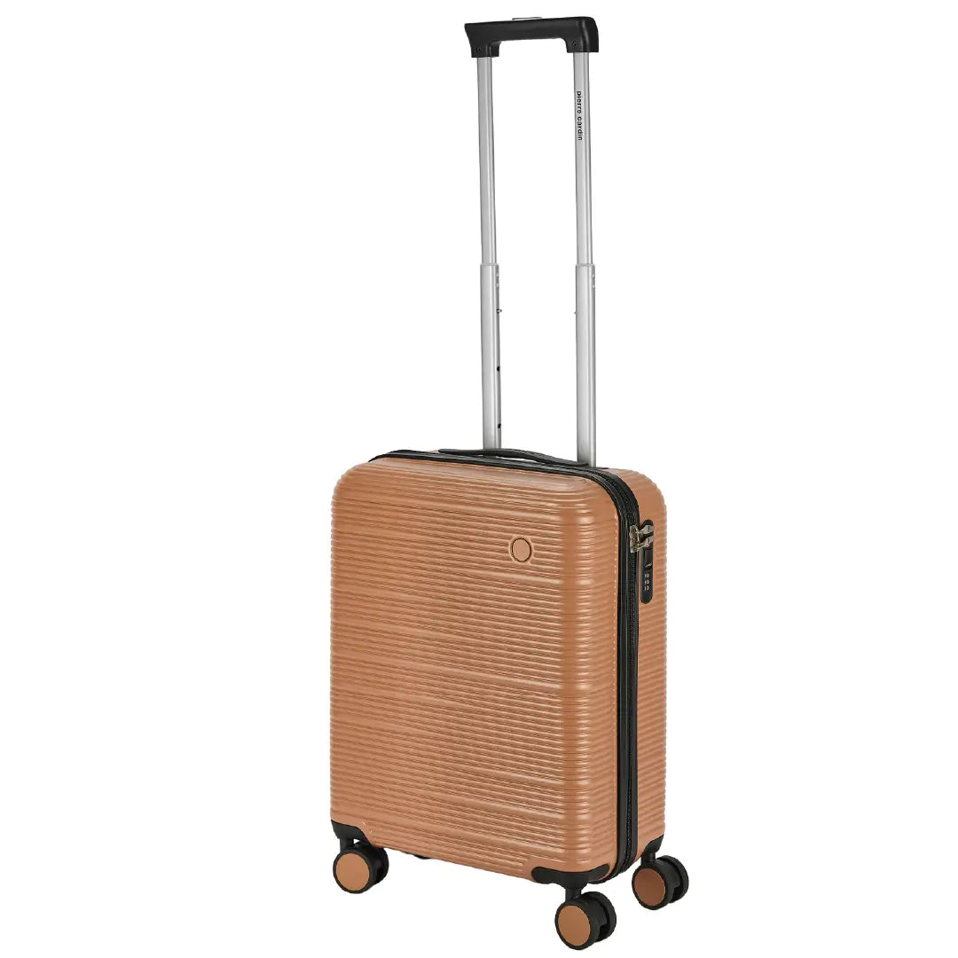 Brown suitcase with wheels and handle on a white background