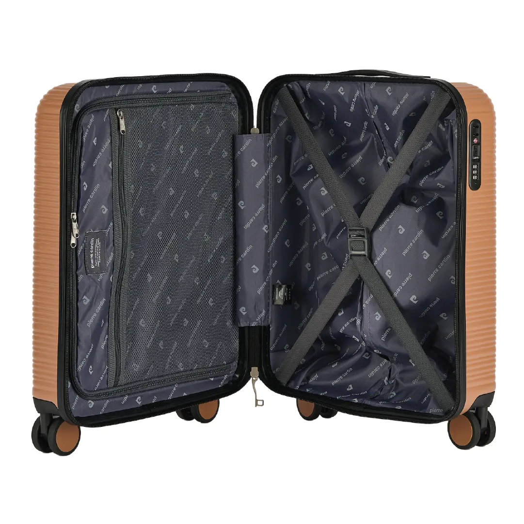Open suitcase with patterned interior on a white background