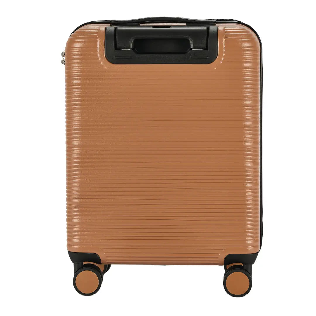 Brown suitcase with black handle and wheels on a white background