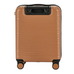 Brown suitcase with black handle and wheels on a white background