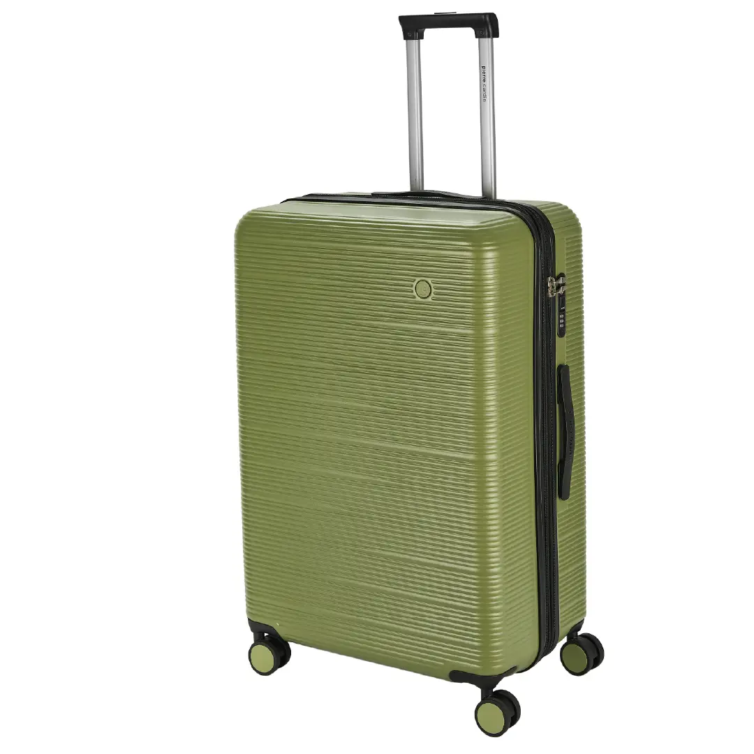 Green suitcase with a textured surface on a white background