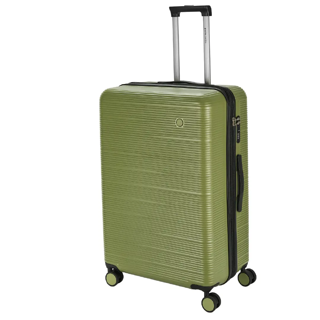 Green suitcase with a textured surface on a white background