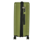Green suitcase with a black handle on a white background