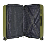 Open green suitcase with patterned interior on a white background