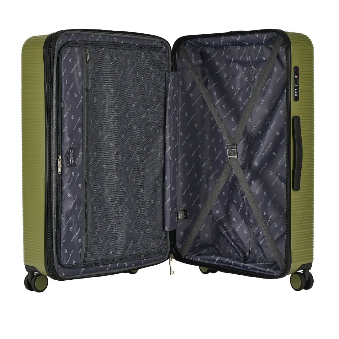 Open green suitcase with patterned interior on a white background