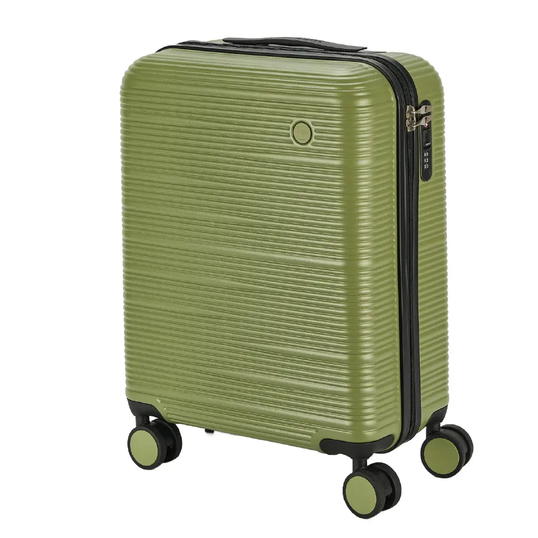 Green suitcase with black zipper and wheels on a white background