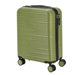 Green suitcase with black zipper and wheels on a white background