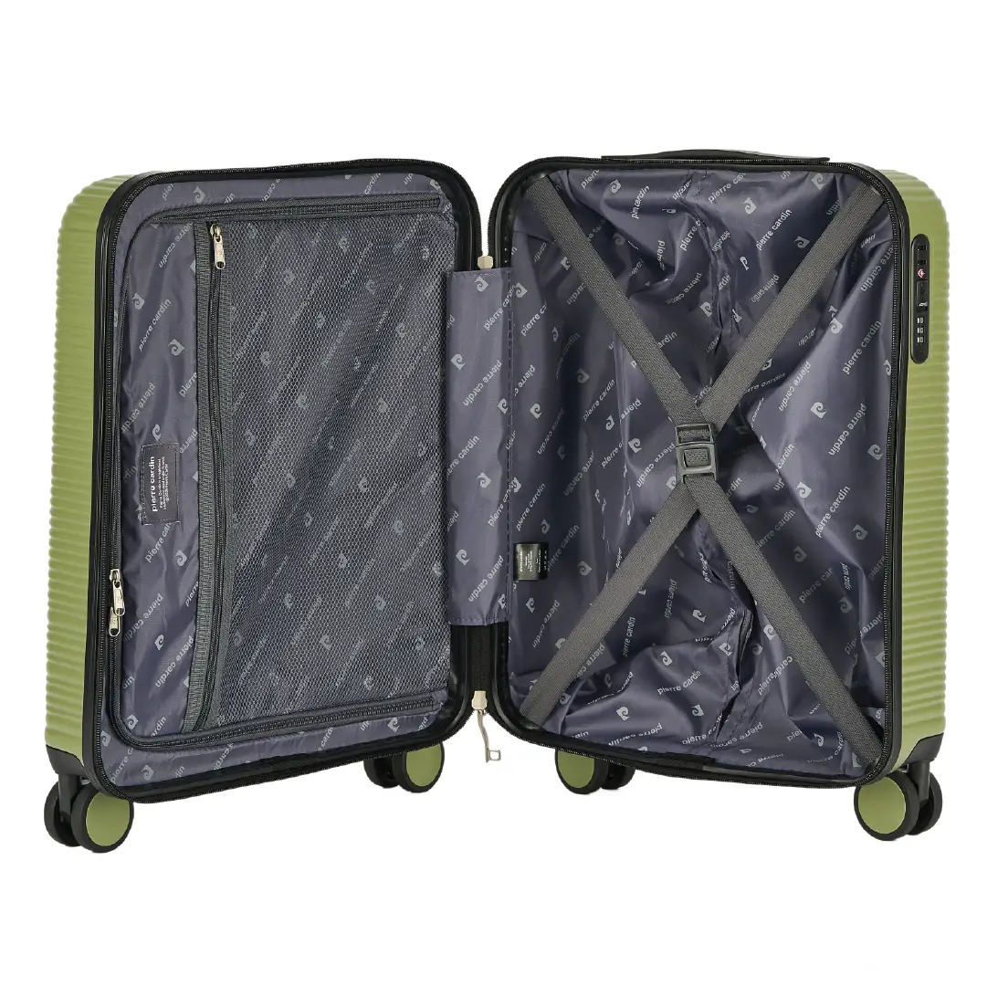 Open green suitcase with gray interior on a white background