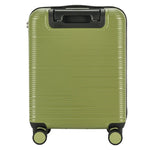 Green suitcase with black handle and wheels on a white background