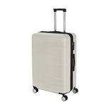Beige suitcase with black handle and wheels on a white background