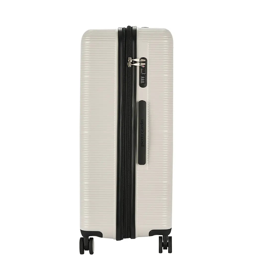White suitcase with black accents on a white background