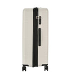 White suitcase with black accents on a white background